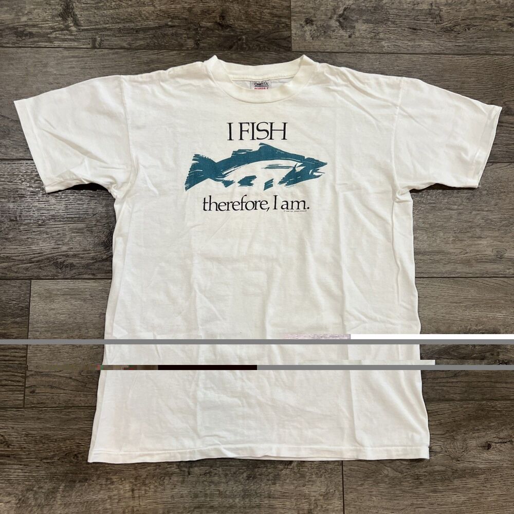 Vintage 80s Oneita “I Fish Therefore I Am” White Salmon T-Shirt XL